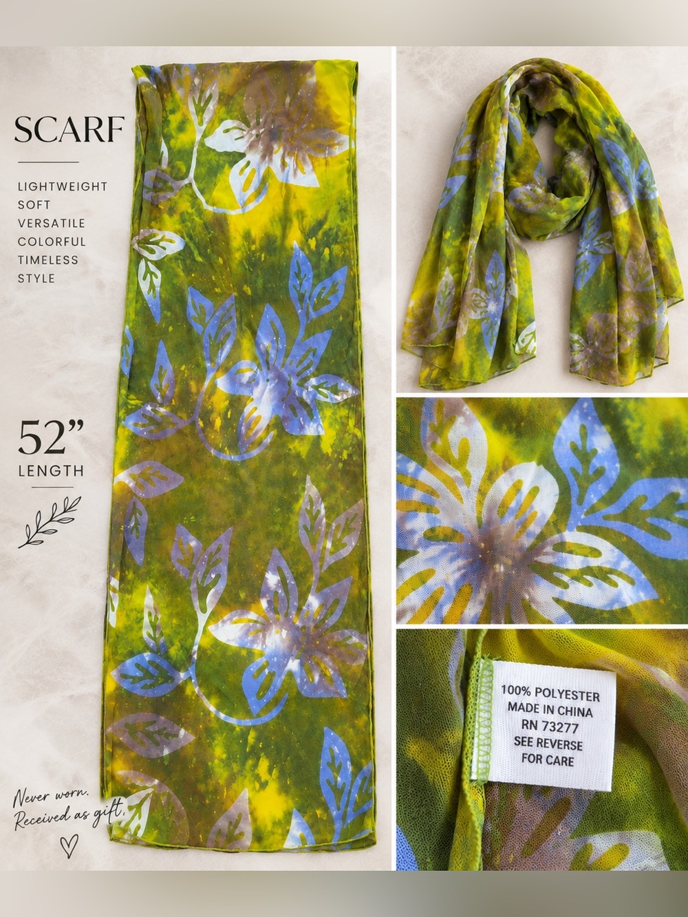 Floral Infinity Scarf Green Yellow Blue Lightweight 52”